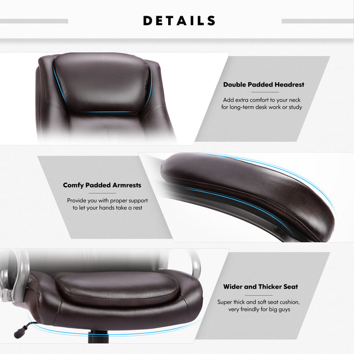 High-Back Leather Computer Office Chair - Ergonomic Big & Tall Executive Chair (400 lb Capacity)
