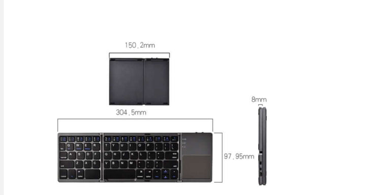 Portable Bluetooth keyboard dimensions and design, showcasing slim profile for mobile productivity.