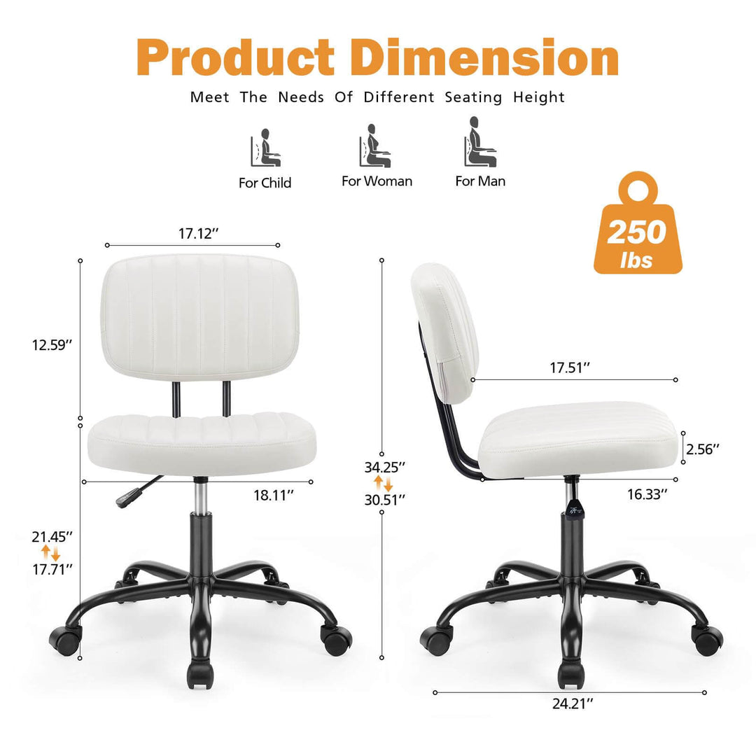 Adjustable Height Swivel Task Chair | Armless PU Leather Computer Chair for Small Spaces