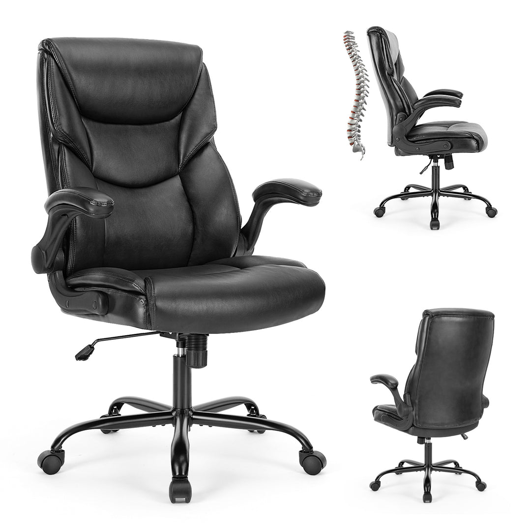 Home Office Chair | PU Leather High-Back Ergonomic Desk Chair with Flip-Up Armrests