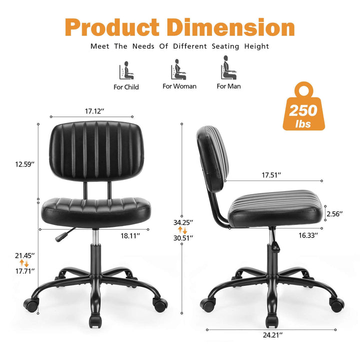 Adjustable Height Swivel Task Chair | Armless PU Leather Computer Chair for Small Spaces