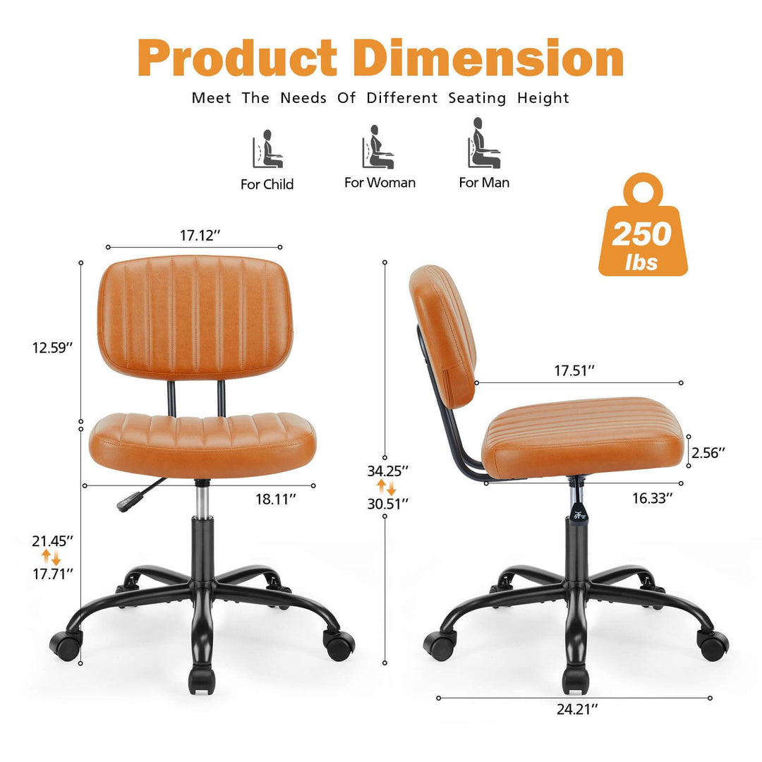 Adjustable Height Swivel Task Chair | Armless PU Leather Computer Chair for Small Spaces