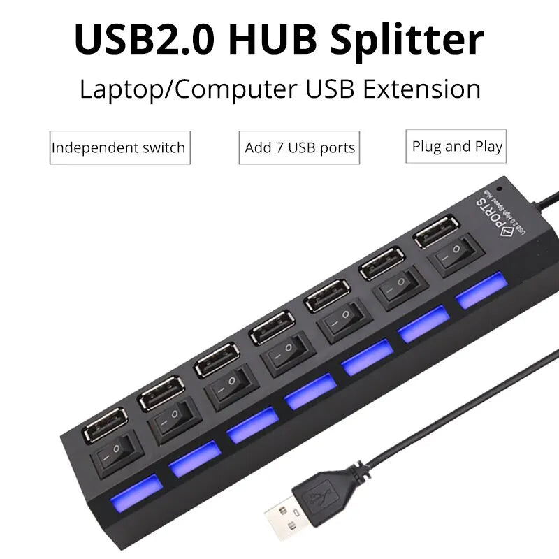 7-Port USB 2.0 Extension Hub - Individual Switches & LED Indicators