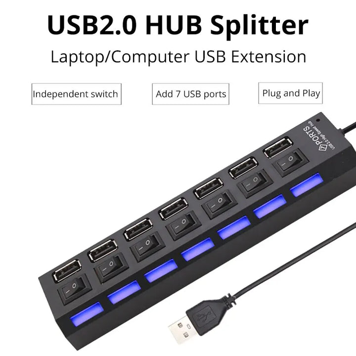 7-Port USB 2.0 Extension Hub - Individual Switches & LED Indicators