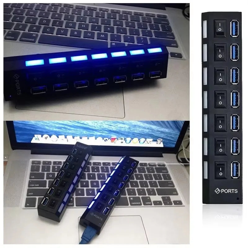 7-Port USB 2.0 Extension Hub - Individual Switches & LED Indicators