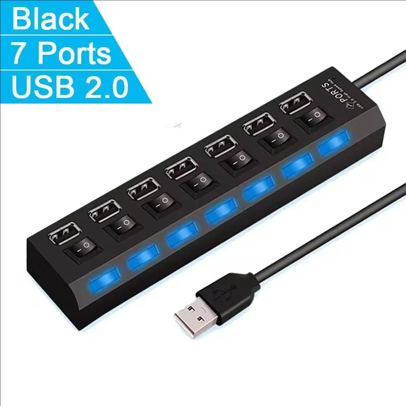 7-Port USB 2.0 Extension Hub - Individual Switches & LED Indicators