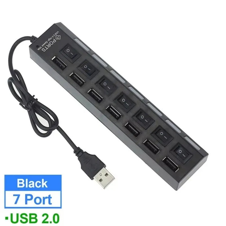 7-Port USB 2.0 Extension Hub - Individual Switches & LED Indicators