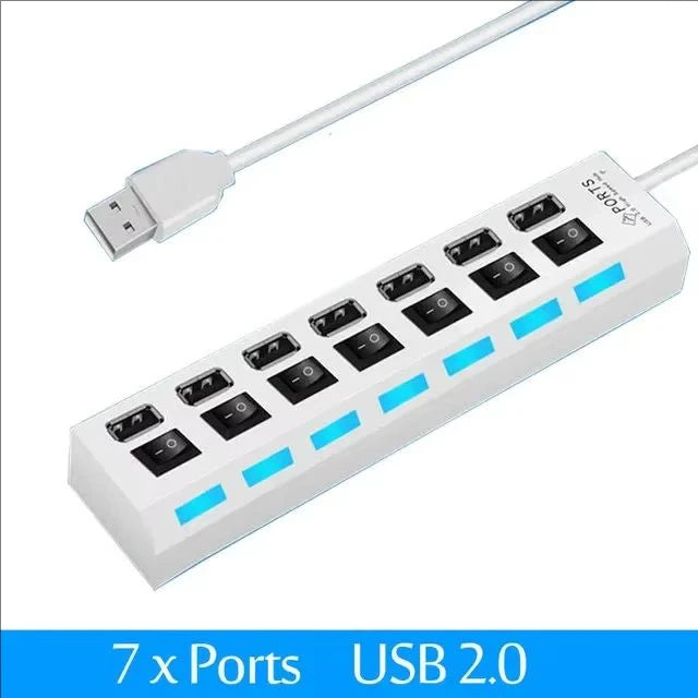 7-Port USB 2.0 Extension Hub - Individual Switches & LED Indicators