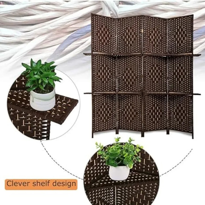 6 Ft Wood 4-Panel Room Divider and Folding Privacy Screen with 2 Tier Display Shelves, Decorative Screen Freestanding , Brown