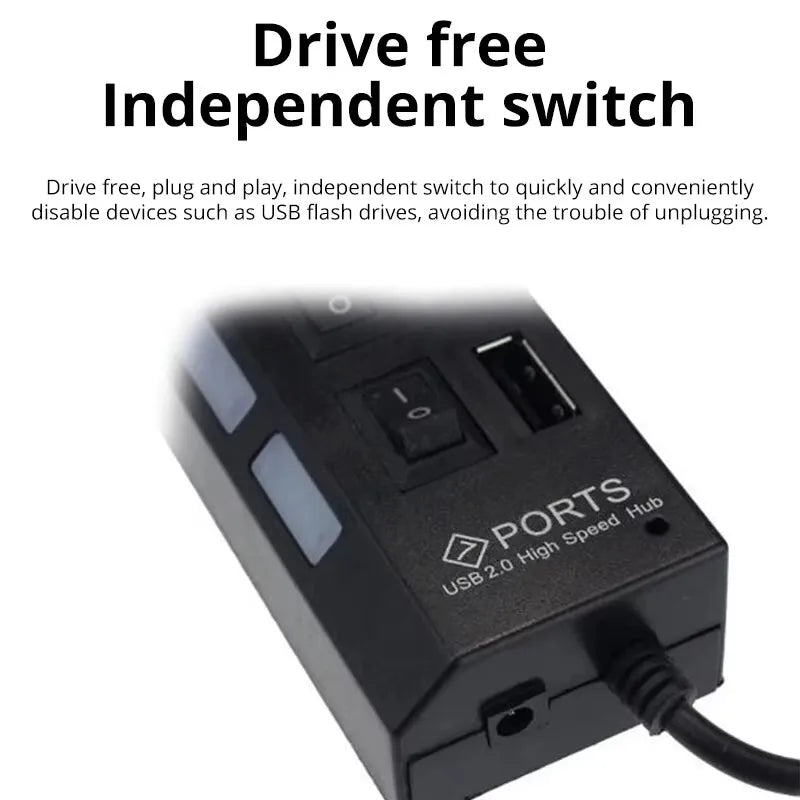 7-Port USB 2.0 Extension Hub - Individual Switches & LED Indicators