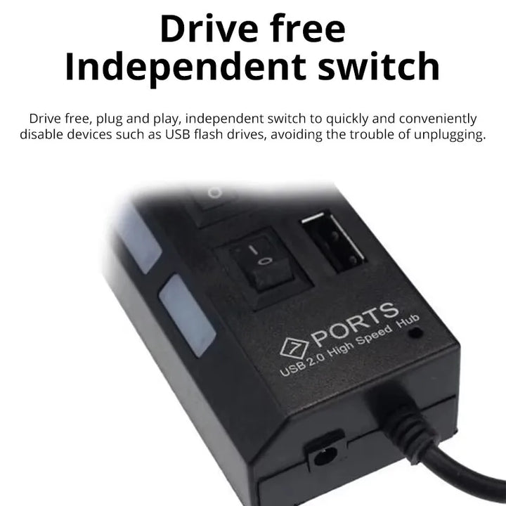7-Port USB 2.0 Extension Hub - Individual Switches & LED Indicators
