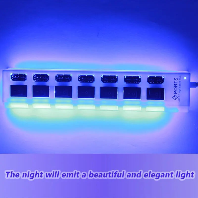 7-Port USB 2.0 Extension Hub - Individual Switches & LED Indicators