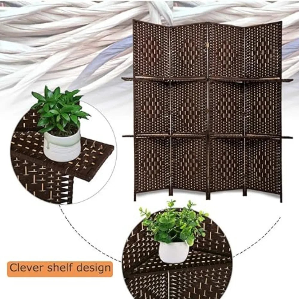 6 Ft Wood 4-Panel Room Divider and Folding Privacy Screen with 2 Tier Display Shelves, Decorative Screen Freestanding , Brown