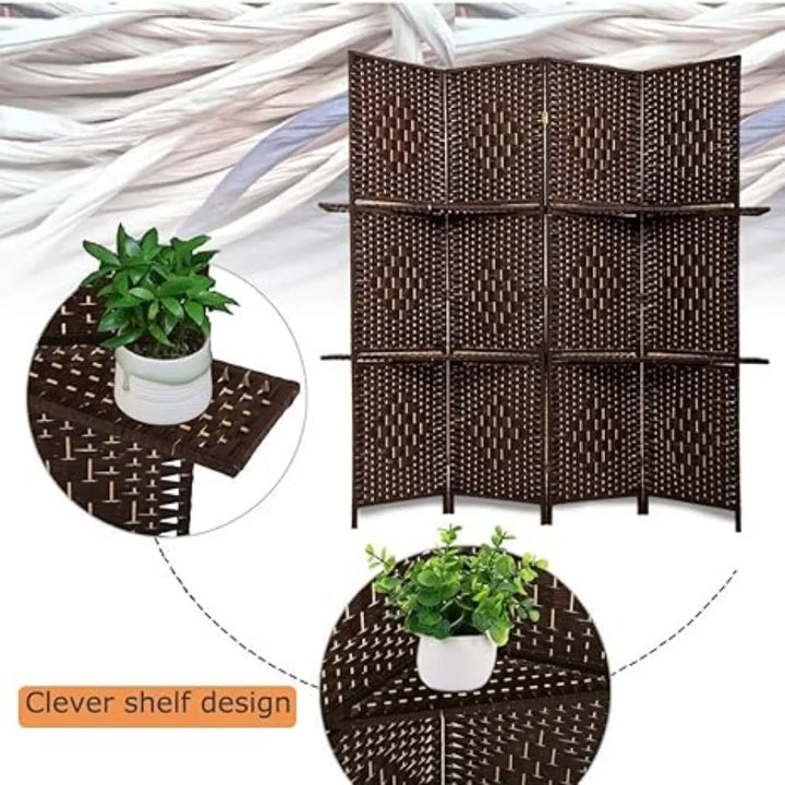 6 Ft Wood 4-Panel Room Divider and Folding Privacy Screen with 2 Tier Display Shelves, Decorative Screen Freestanding , Brown