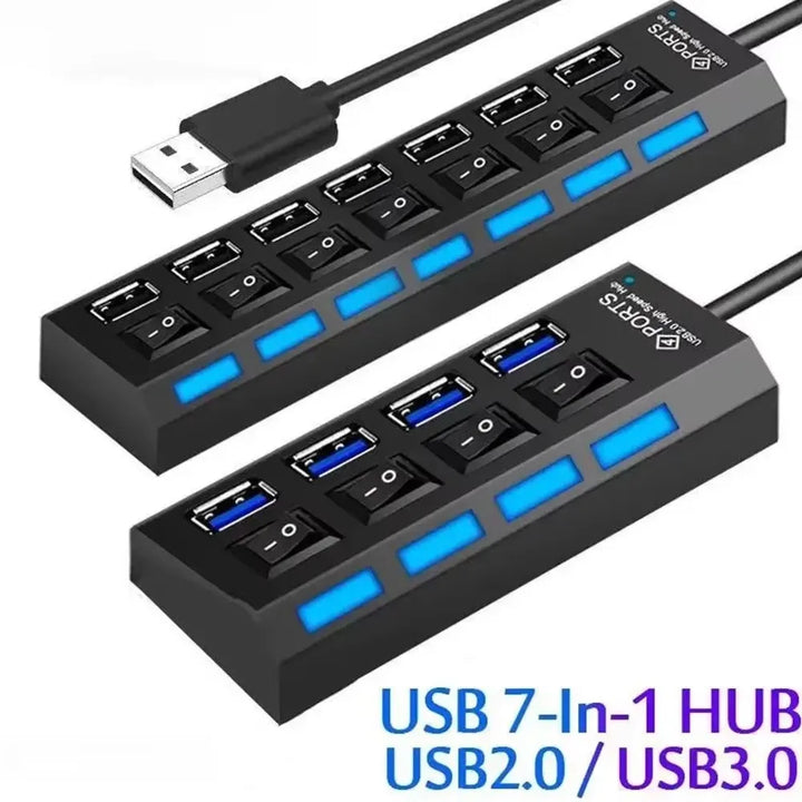 7-Port USB 2.0 Extension Hub - Individual Switches & LED Indicators