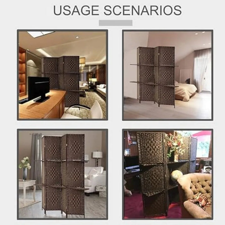 6 Ft Wood 4-Panel Room Divider and Folding Privacy Screen with 2 Tier Display Shelves, Decorative Screen Freestanding , Brown