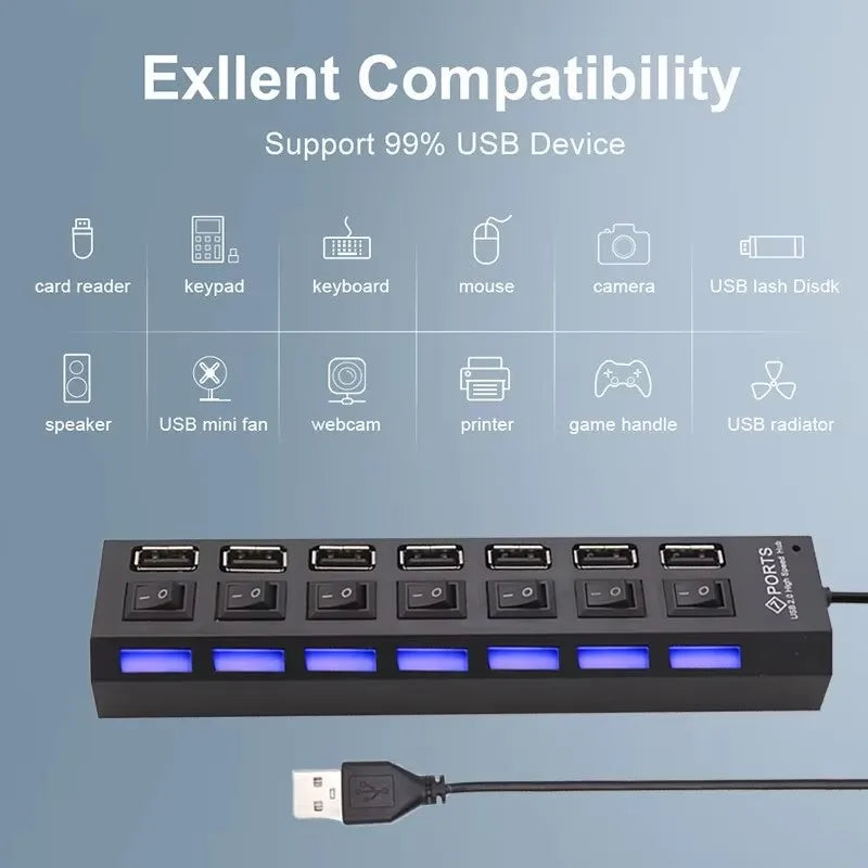 7-Port USB 2.0 Extension Hub - Individual Switches & LED Indicators