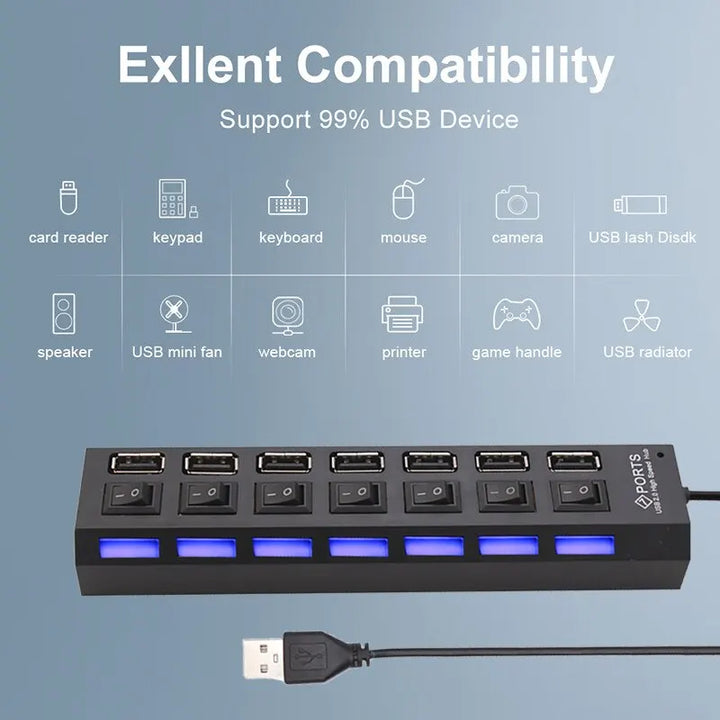 7-Port USB 2.0 Extension Hub - Individual Switches & LED Indicators