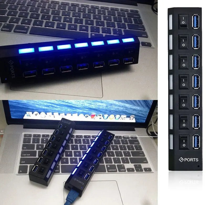 7-Port USB 2.0 Extension Hub - Individual Switches & LED Indicators