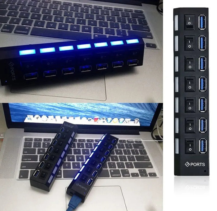 7-Port USB 2.0 Extension Hub - Individual Switches & LED Indicators