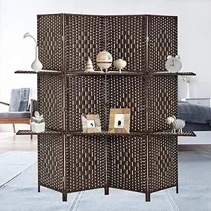 6 Ft Wood 4-Panel Room Divider and Folding Privacy Screen with 2 Tier Display Shelves, Decorative Screen Freestanding , Brown