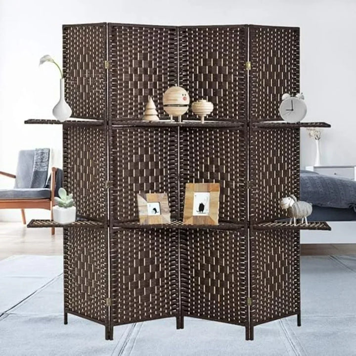 6 Ft Wood 4-Panel Room Divider and Folding Privacy Screen with 2 Tier Display Shelves, Decorative Screen Freestanding , Brown
