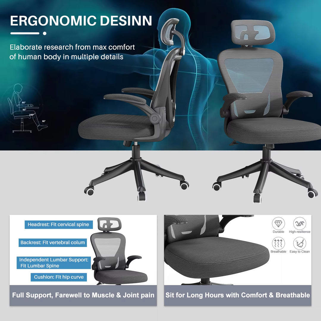 Ergonomic Black Swivel Office Chair | Mesh High-Back with Lumbar Support & Headrest