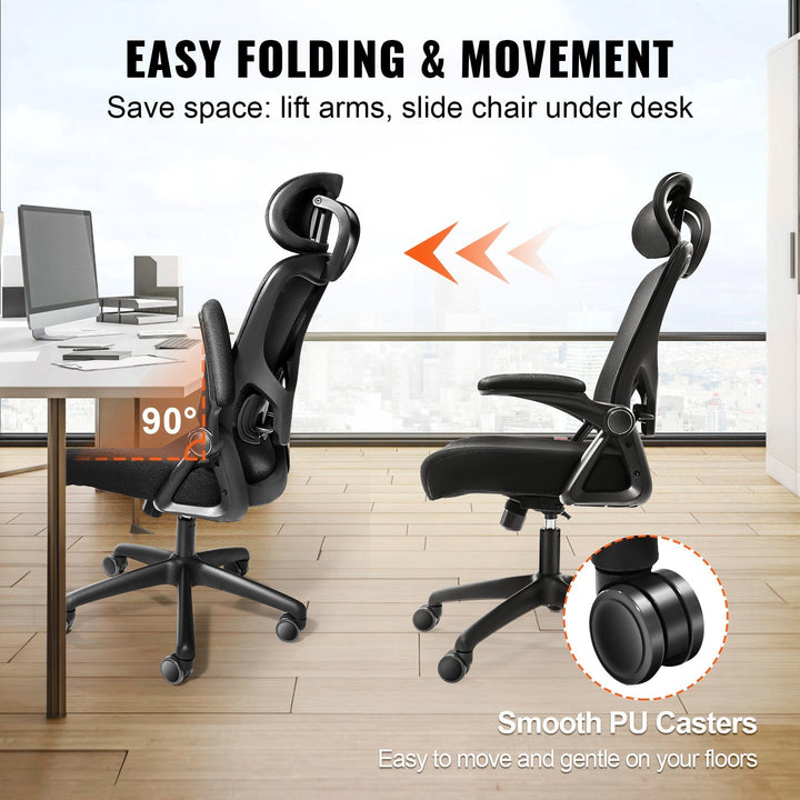 An ergonomic office chair with adjustable lumbar support, high back, adjustable headrest, and 2D armrests. The chair is black, with a mechanism to save space by lifting the arms and sliding the chair under the desk, and smooth PU casters for movement.