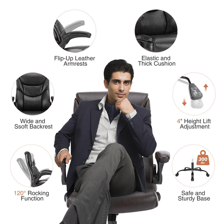 Home Office Chair | PU Leather High-Back Ergonomic Desk Chair with Flip-Up Armrests