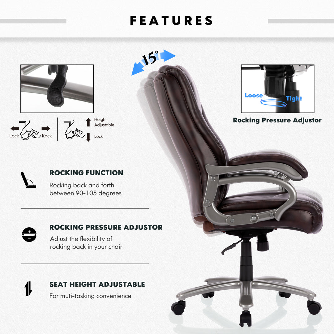 High-Back Leather Computer Office Chair - Ergonomic Big & Tall Executive Chair (400 lb Capacity)