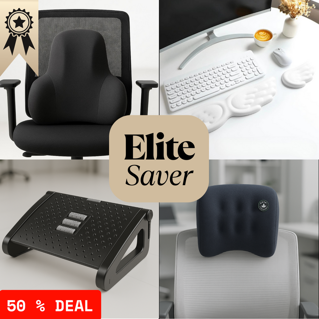 Elite Saver discount deal image featuring ergonomic chair, keyboard, footrest, and lumbar support with 50% off badge.