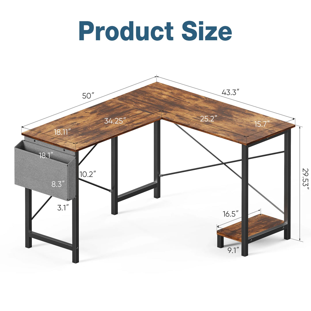 Minimalist 50” L-Shaped Office & Gaming Desk – Space-Saving Corner Workstation with CPU Shelf & Side Organizer
