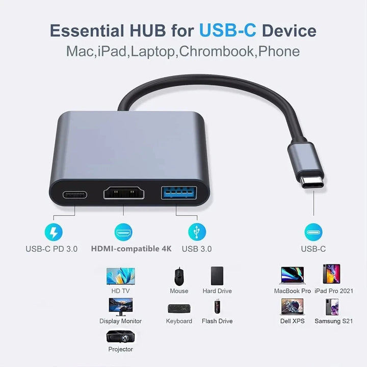 3 In 1 Usb-C Usb Hdmi-Compatible 4k Usb 3.1 Type-C To Usb 3.0 Charging Adapter and Converter