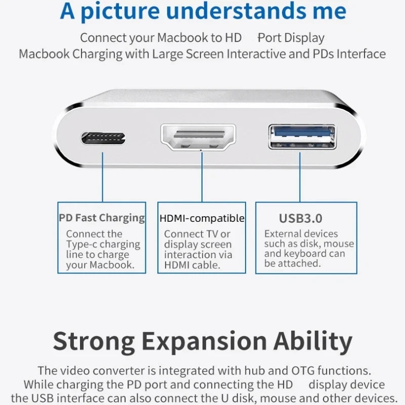 3 In 1 Usb-C Usb Hdmi-Compatible 4k Usb 3.1 Type-C To Usb 3.0 Charging Adapter and Converter