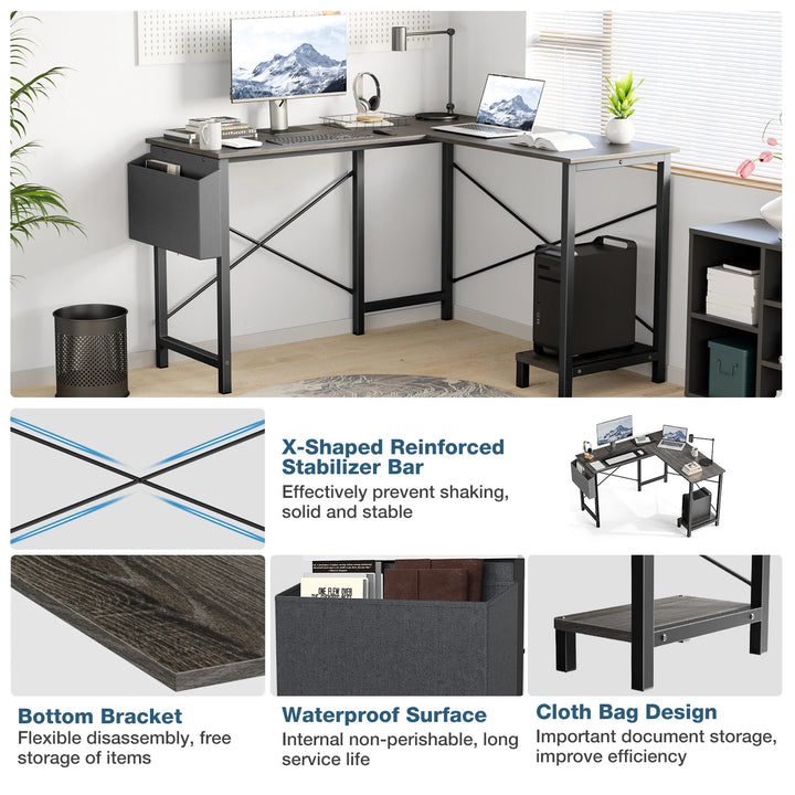 Minimalist 50” L-Shaped Office & Gaming Desk – Space-Saving Corner Workstation with CPU Shelf & Side Organizer