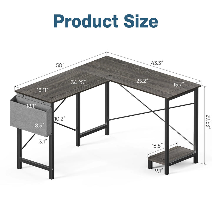 Minimalist 50” L-Shaped Office & Gaming Desk – Space-Saving Corner Workstation with CPU Shelf & Side Organizer