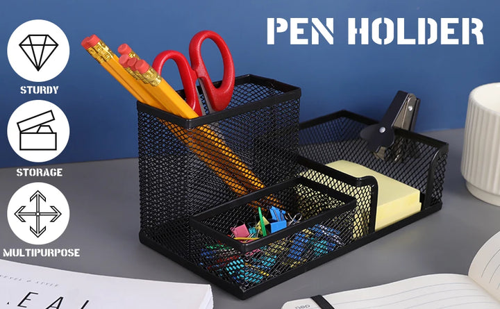 Mesh Desk Organizer | 3-Compartment Pencil Holder & Storage Caddy