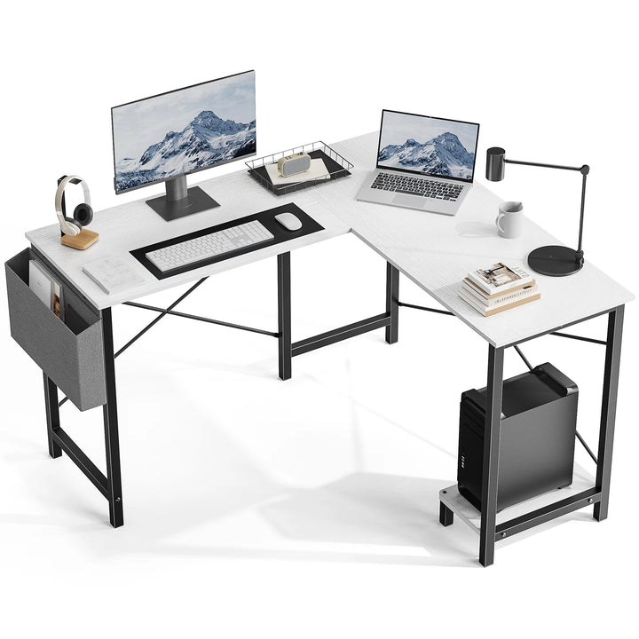 Minimalist 50” L-Shaped Office & Gaming Desk – Space-Saving Corner Workstation with CPU Shelf & Side Organizer