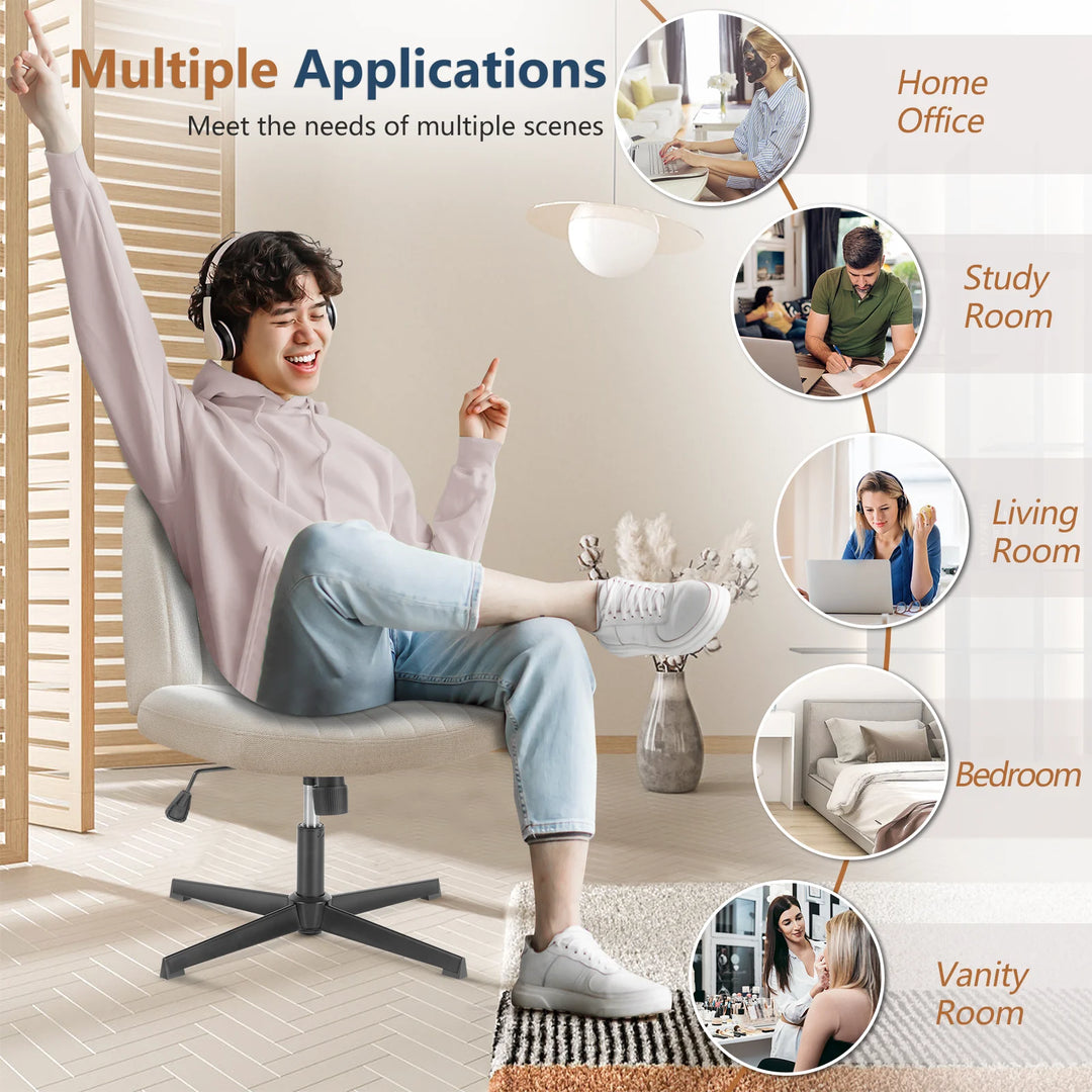 Cross-Legged Swivel Office Chair – Wide Armless Fabric Task Chair