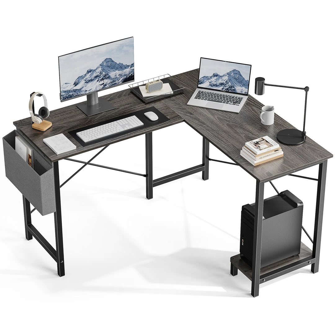Minimalist 50” L-Shaped Office & Gaming Desk – Space-Saving Corner Workstation with CPU Shelf & Side Organizer