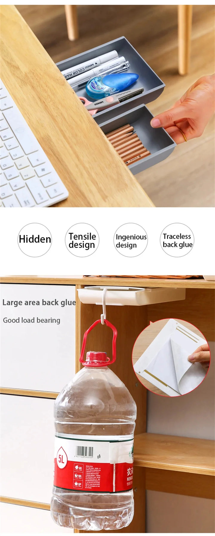 Hidden Desk Drawer Organizer – Self-Adhesive Under-Table Storage Box