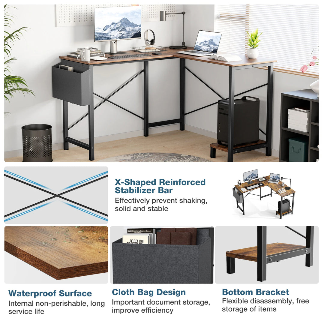 Minimalist 50” L-Shaped Office & Gaming Desk – Space-Saving Corner Workstation with CPU Shelf & Side Organizer
