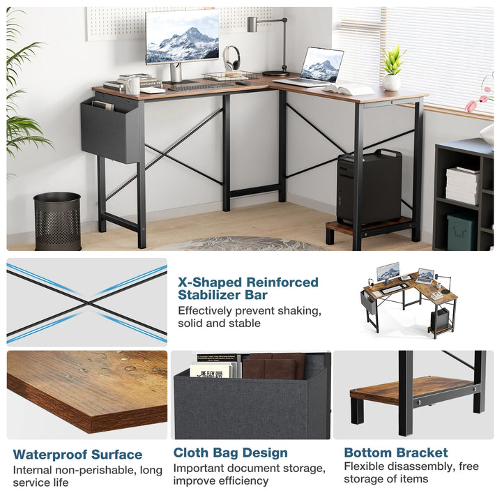Minimalist 50” L-Shaped Office & Gaming Desk – Space-Saving Corner Workstation with CPU Shelf & Side Organizer