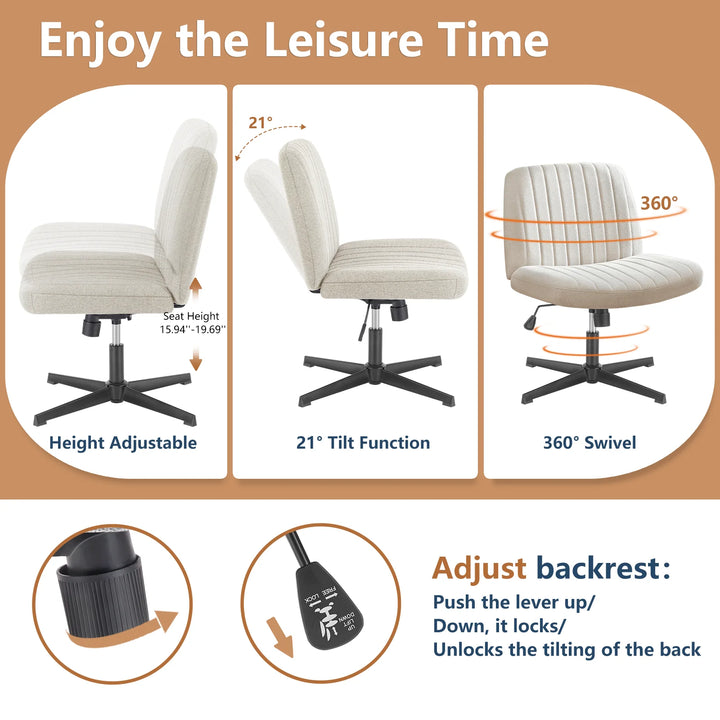 Cross-Legged Swivel Office Chair – Wide Armless Fabric Task Chair
