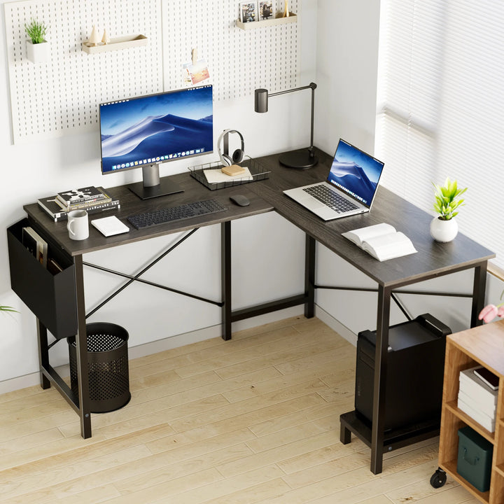 Minimalist 50” L-Shaped Office & Gaming Desk – Space-Saving Corner Workstation with CPU Shelf & Side Organizer