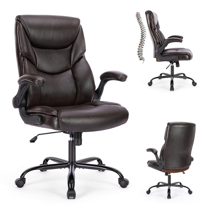Home Office Chair | PU Leather High-Back Ergonomic Desk Chair with Flip-Up Armrests