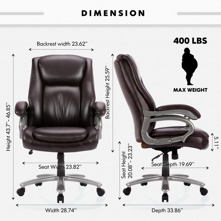 High-Back Leather Computer Office Chair - Ergonomic Big & Tall Executive Chair (400 lb Capacity)