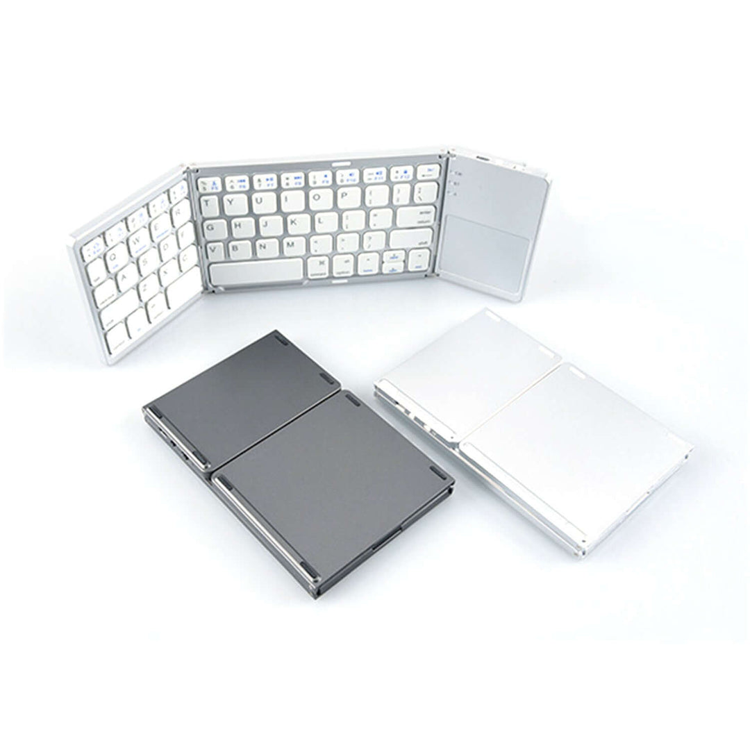 Portable Bluetooth keyboard for mobile, compact design in black and silver, ideal for on-the-go productivity.